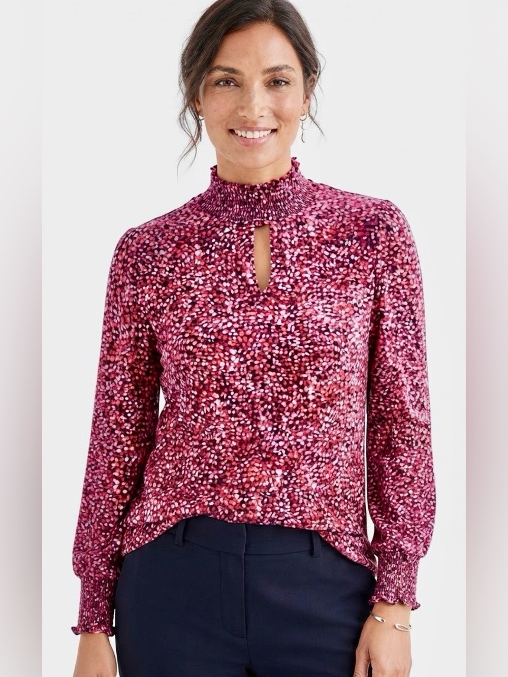 J. Jill Pink Floral Smocked Keyhole Blouse
